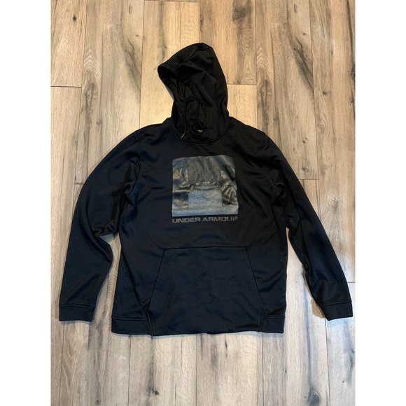 Under Armour, Men Large Loose Cold Gear Black Sweatshirt Hooded Kangaroo Pouch P - Picture 1 of 11